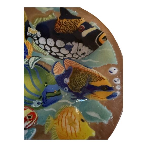 Peggy Karr Tropical Fish Under Water Fused Glass Round Platter Signed 10.5 in - Picture 2 of 7